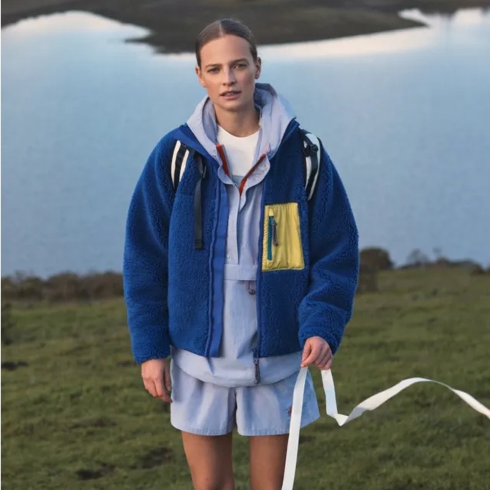 Tory Burch high-pile fleece zip up in lapis